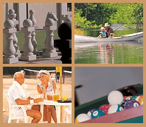 Collage of recreational activities at Solivita-boating, tennis, life-size chess and billiards